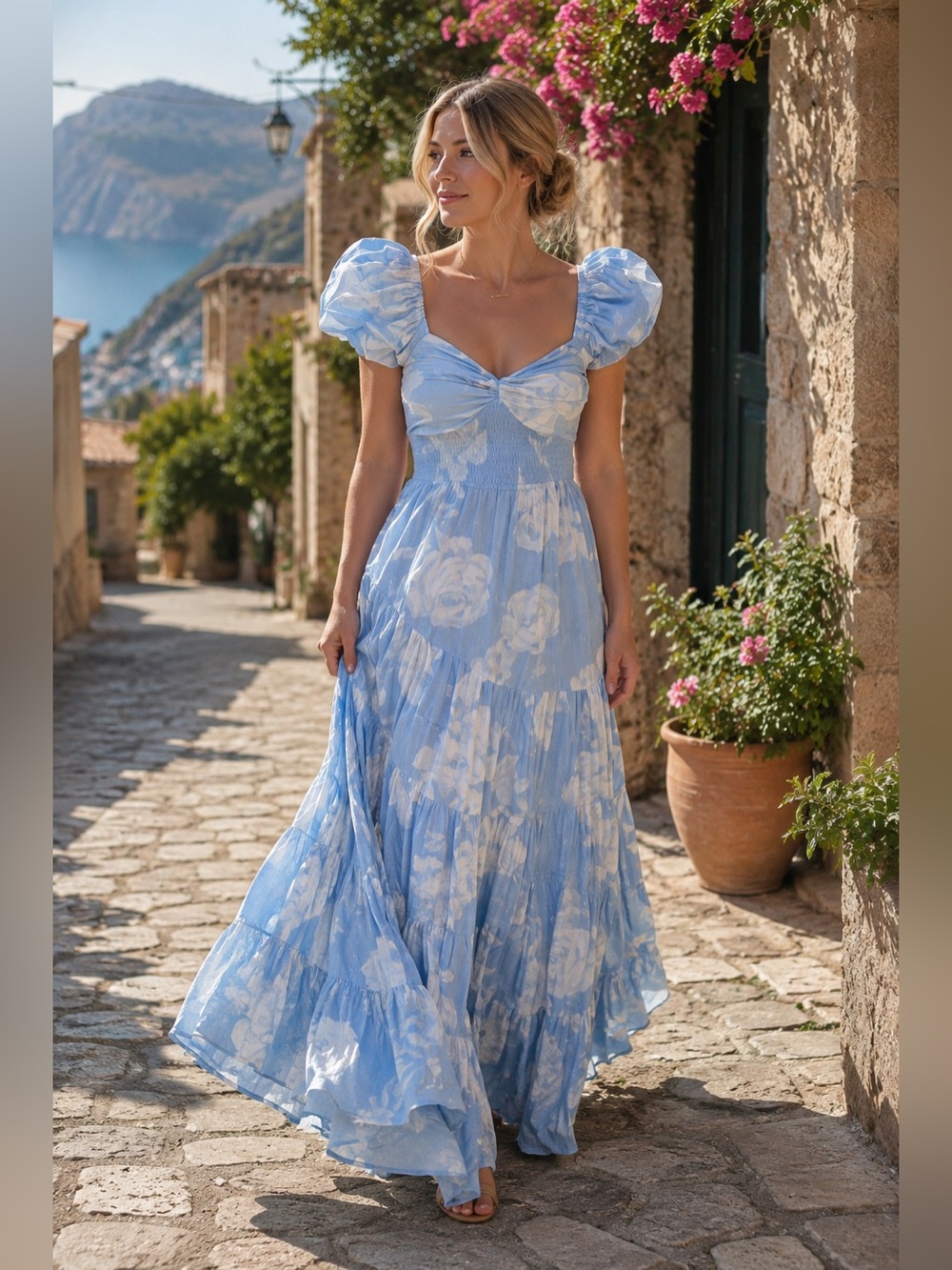 Free People Sundrenched Floral Tiered Maxi Sundress in Sky Combo